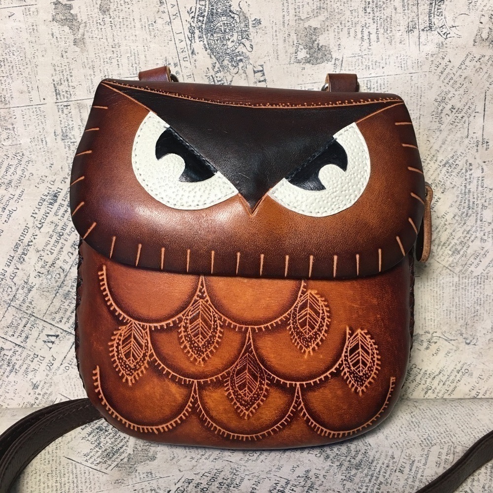 Wild Wings Hand Tooled Leather Owl Crossbody Bag Genuine Cowhide Boho Western